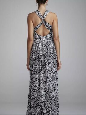 Oleg Cassini Black White Paisley Maxi Dress Pleated Bodice Cutout Back Size 8
